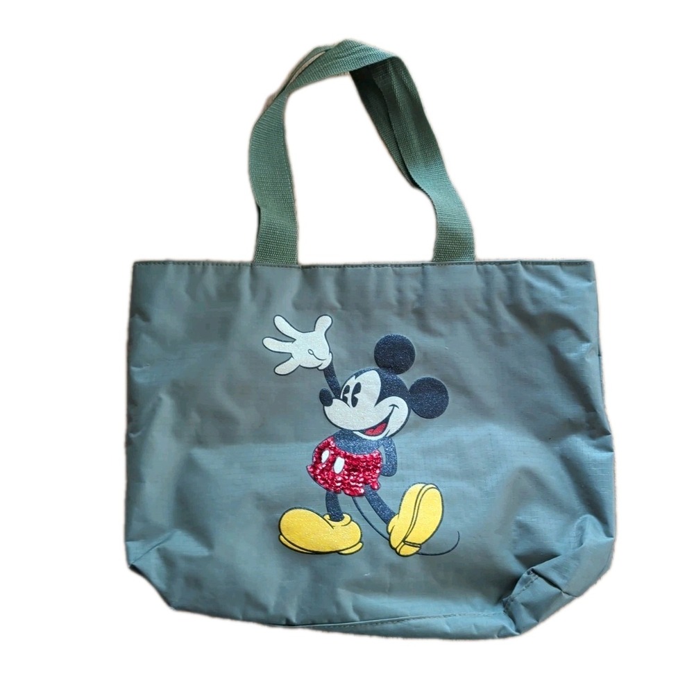 DISNEY MICKEY MOUSE KHAKI TOTE SHOULDER BAG ZIPPER UP CARRY ALL NYLON glitter